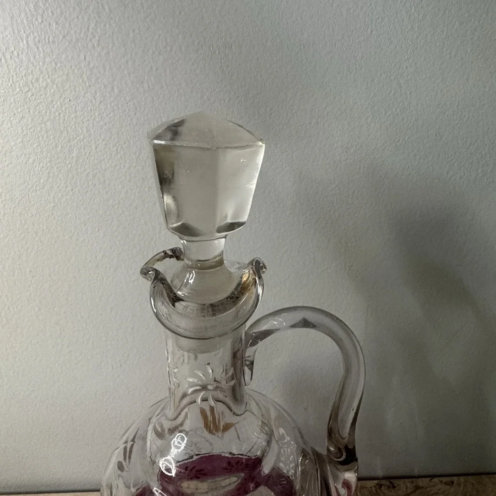 Vintage Clear Glass‎ Decanter Hand Painted Floral Jug Ewer Enamel Stopper MCM